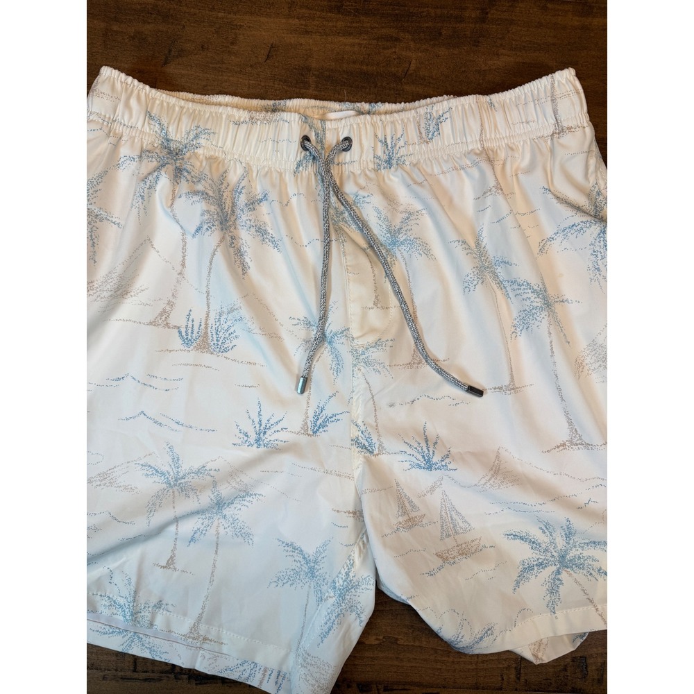Vintage Summer Mens XXL Swim Trunks Tropical Palm Tree Sailboat Print Cream Blue